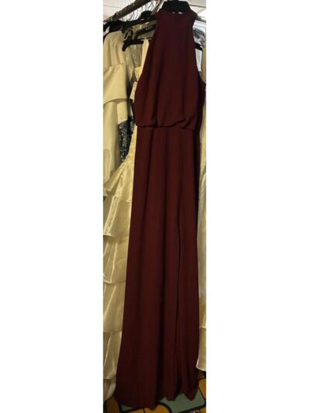 Badgley Mischka Wine Chiffon Blouson Gown High Neck Side Slit Formal Burgundy *4 - Picture 3 of 6